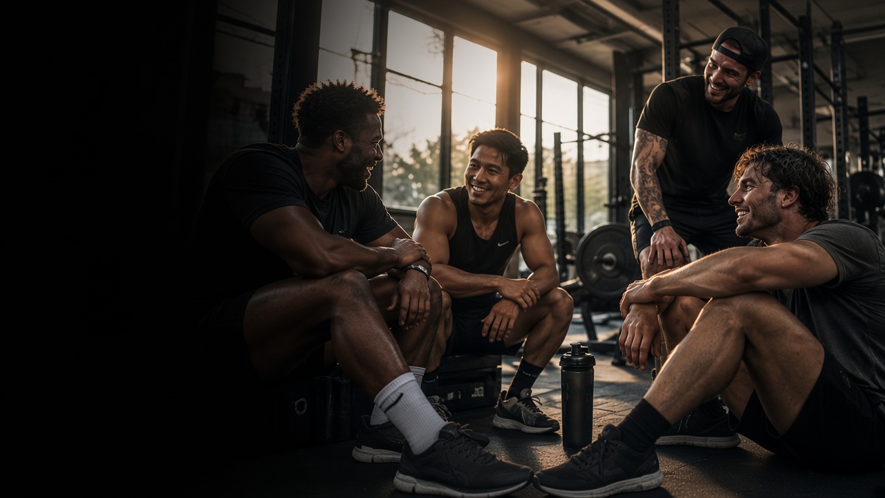 Men from different backgrounds talking together in the gym